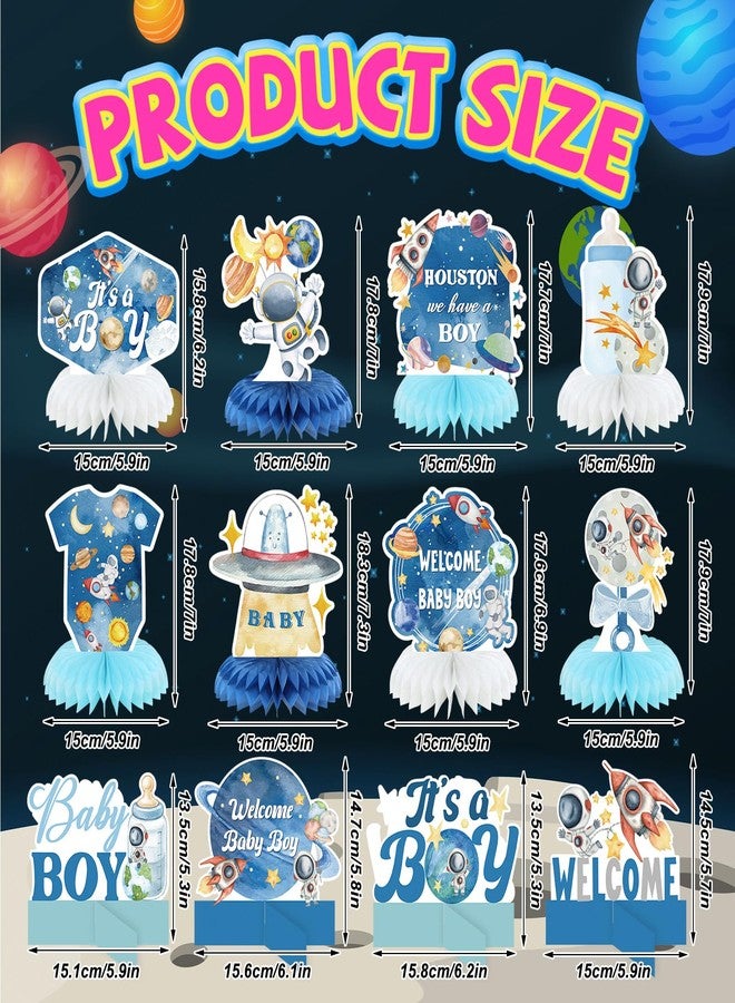 Moinchore 12 Pcs Outer Space Baby Boy Shower Decorations Welcome It's a Boy Baby Shower Honeycomb Centerpieces Blue Astronaut Rocket Bottle Planet Table Topper Table Decoration for Birthday Party Favors - Image 2